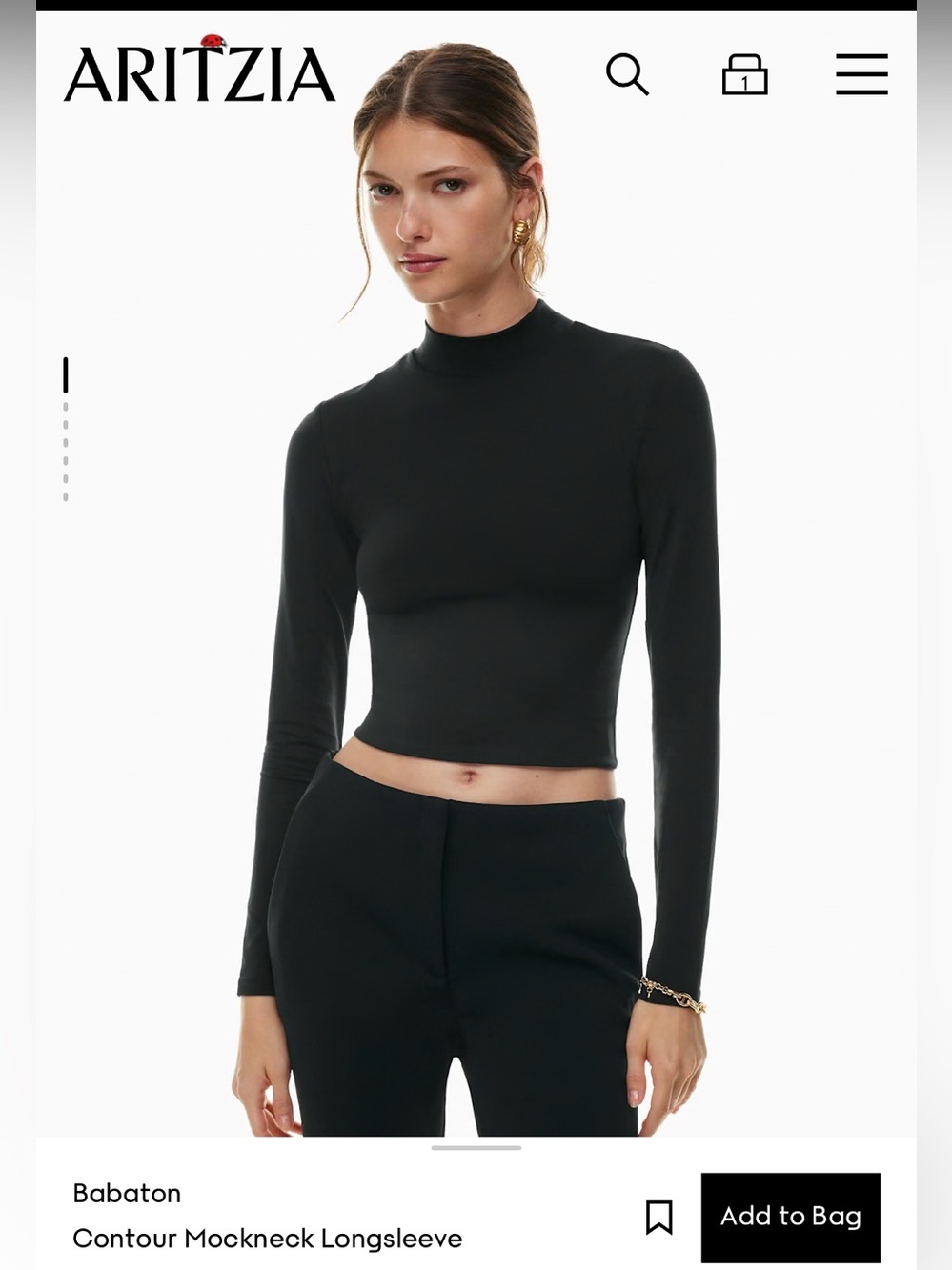 Aritzia Black Long-Sleeve Contour Mock Neck Cropped Top long sleeved